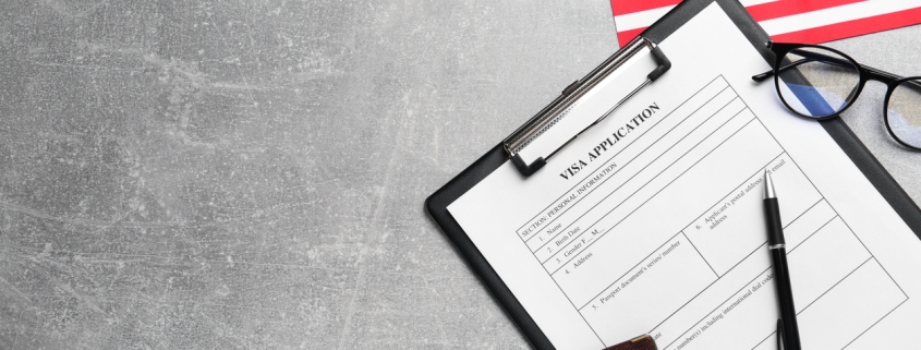 American flag, visa application form, passport and glasses on light grey table, flat lay. Space for text