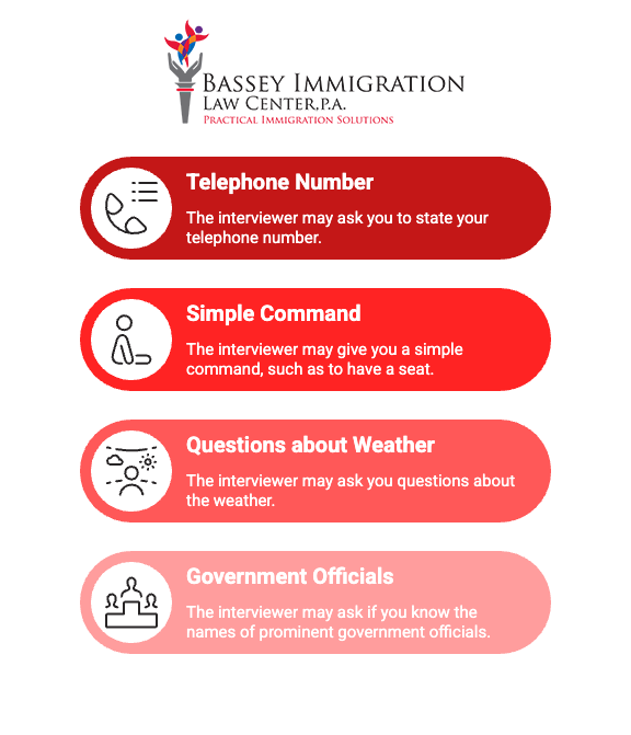 An infographic from Bassey Immigration Law Center lists four types of interview questions for U.S. immigration applicants: stating a telephone number, responding to a simple command, answering weather-related questions, and naming prominent government officials. Each category is displayed in a red bubble with icons representing communication and interaction.