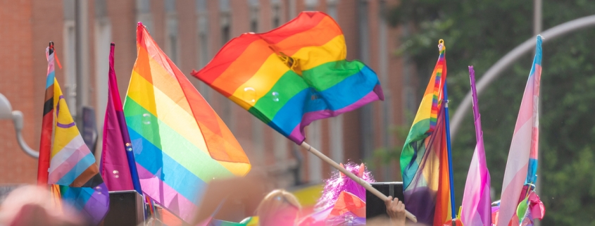 People at the pride parade with LGBTIQ flags celebrating the LGBTIQ rights
