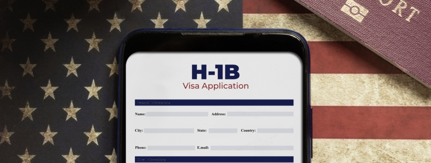 H-1b visa application concept: smartphone with USA H-1B visa application over a USA flag